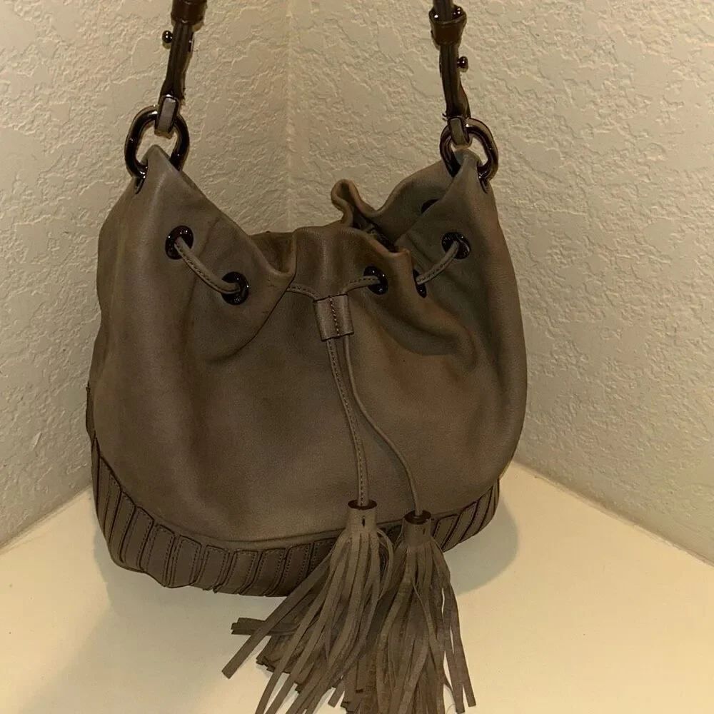 Anya Hindmarch Taupe Brown Leather Bucket Bag Tassel Fringe Purse Boho Western